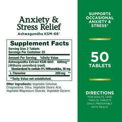Nature’s Bounty Anxiety & Stress Relief Ashwagandha KSM 66, L-Theanine, Dietary Supplement, Tablets, 50 Ct