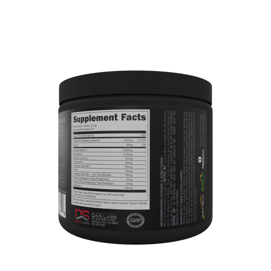Bucked Up Woke AF Pre-Workout Powder Supplement Facts, high caffeine, energy booster, nutrition label