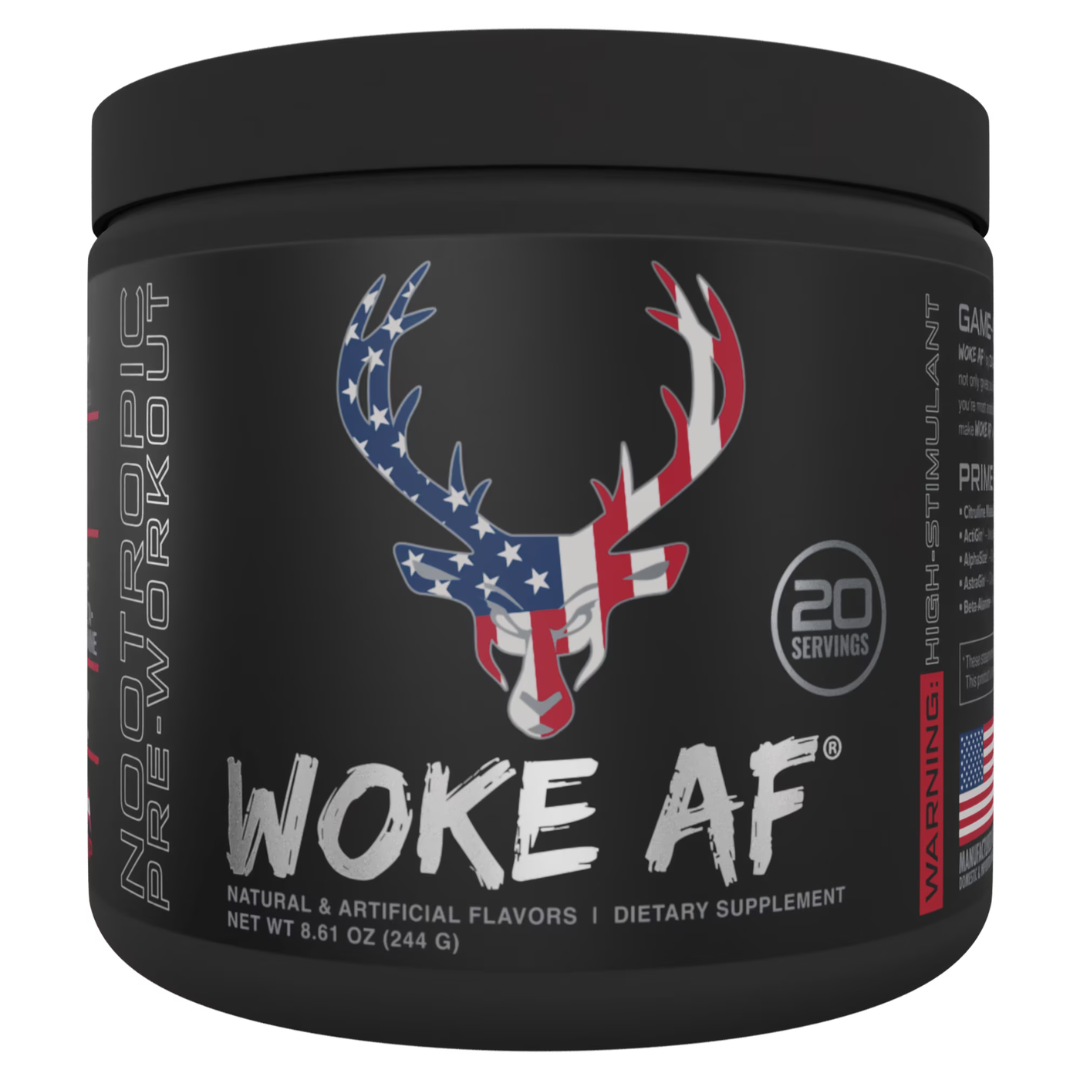 Bucked Up Woke AF Pre-Workout, Rocket Pop flavor, energy boost, 333mg caffeine, 20 servings, dietary supplement.