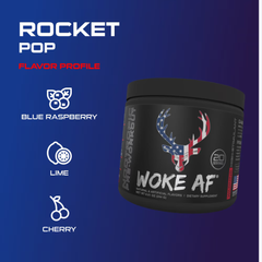 Bucked Up Woke AF Pre-Workout powder container featuring Rocket Pop flavor profile with blue raspberry, lime, and cherry.
