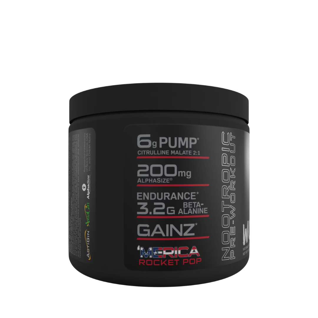 Bucked Up Woke AF Pre-Workout Powder container with Rocket Pop flavor, featuring 333mg caffeine for enhanced energy.