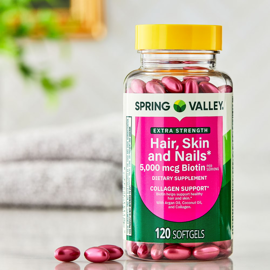 Spring Valley Extra Strength Hair Skin & Nails Collagen Support Softgels, 5000 Mcg Biotin, 120 Count