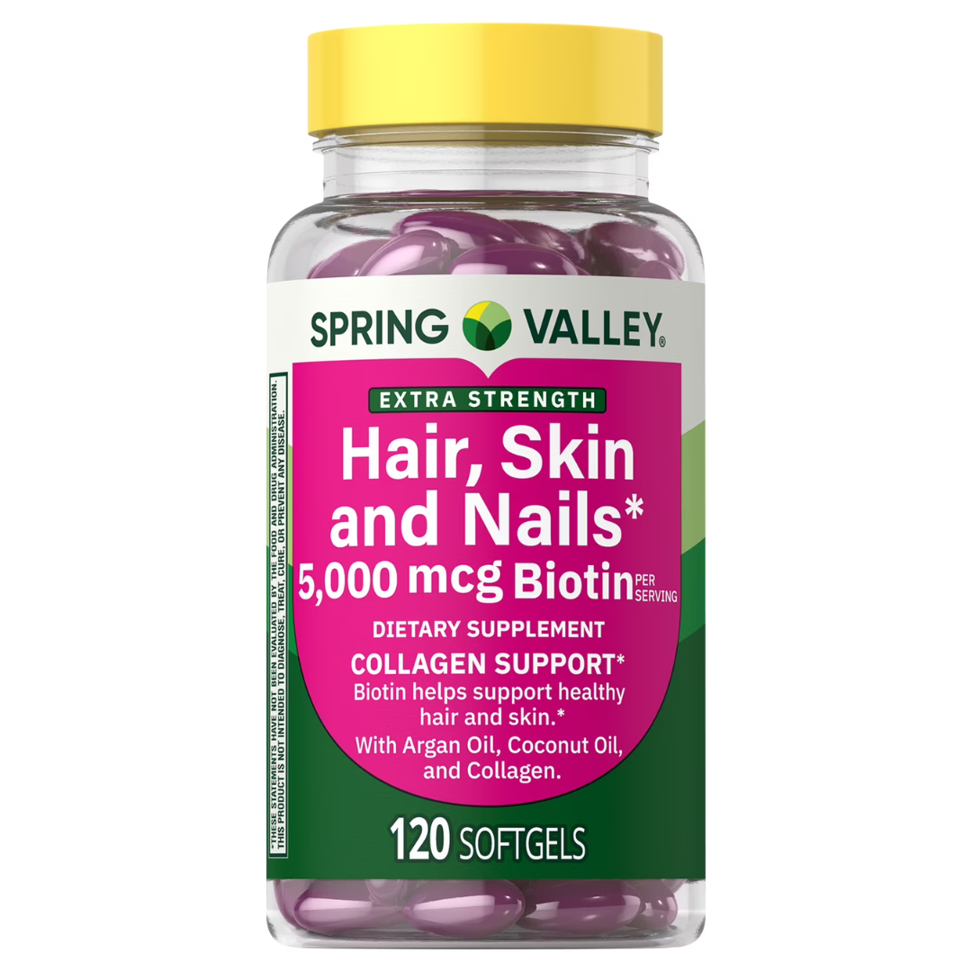 Spring Valley Extra Strength Hair Skin & Nails Collagen Support Softgels, 5000 Mcg Biotin, 120 Count