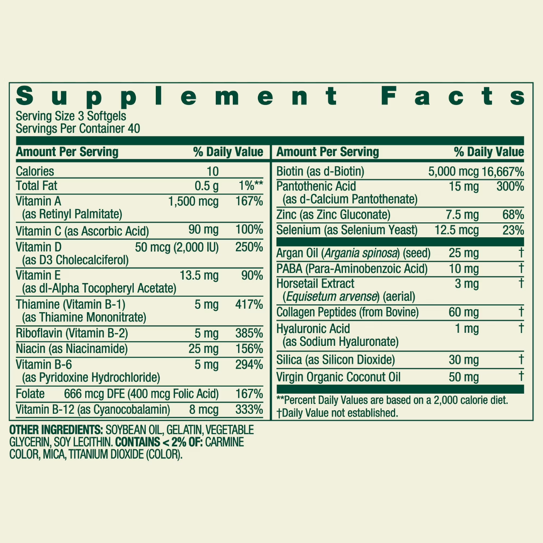 Spring Valley Extra Strength Hair Skin & Nails Collagen Support Softgels, 5000 Mcg Biotin, 120 Count
