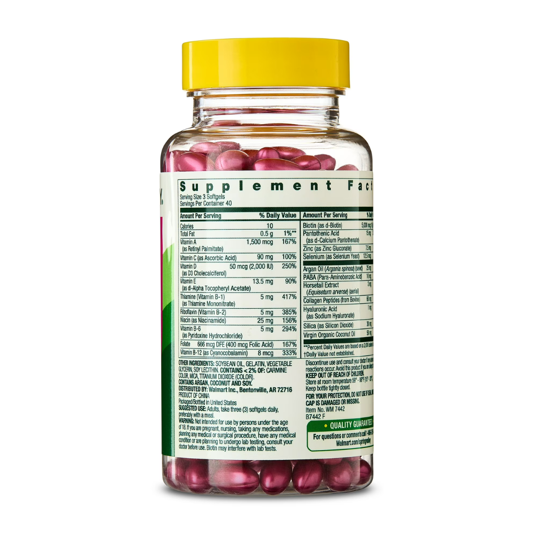 Spring Valley Extra Strength Hair Skin & Nails Collagen Support Softgels, 5000 Mcg Biotin, 120 Count