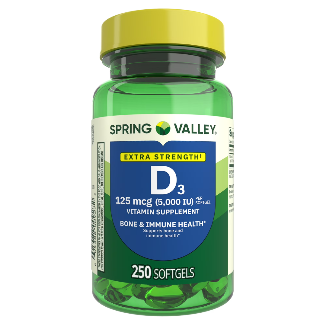 Spring Valley Extra Strength Vitamin D3 Softgels, 125 mcg (5000 IU), 250 Count, Supplement for Bone and Immune Health