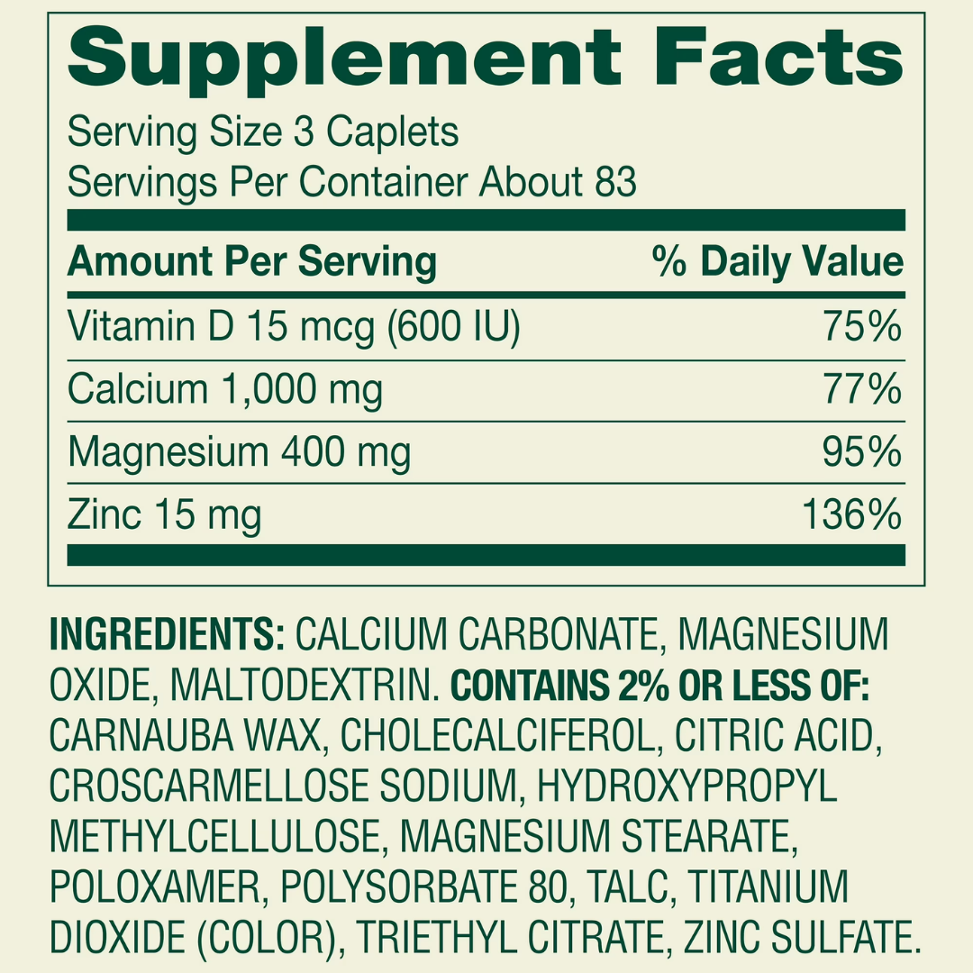 Spring Valley Calcium, Magnesium & Zinc Plus Vitamin D3 Coated Caplets, 250 Count