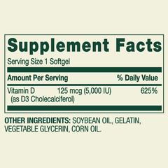 Spring Valley Extra Strength Vitamin D3 Softgels, 125 mcg (5000 IU), 250 Count, Supplement for Bone and Immune Health