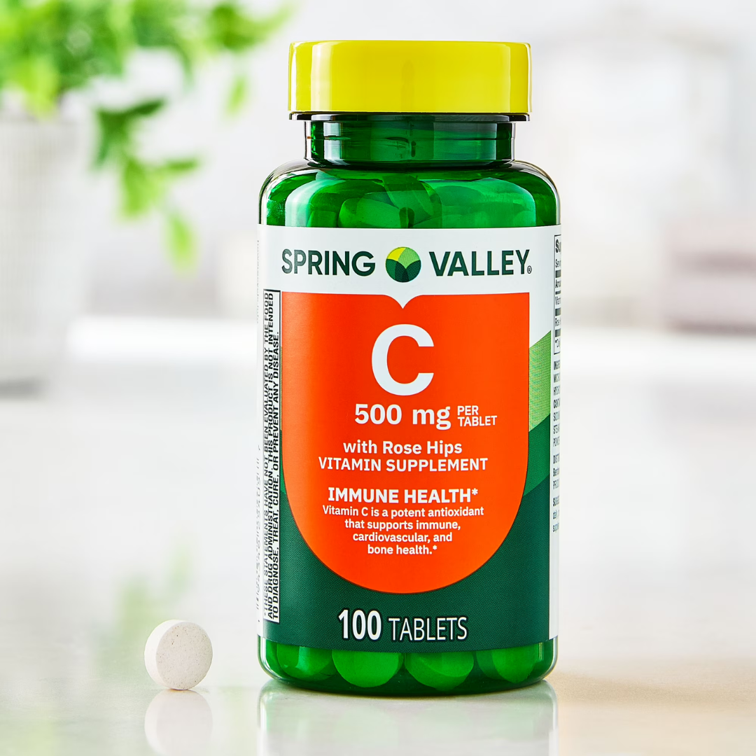 Spring Valley Vitamin C with Rose Hips, 500 mg, 100 Count, Dietary Supplement Tablets for Immune Health