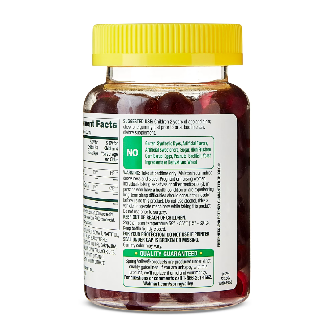 Spring Valley Zero Sugar Kids Melatonin Sleep Support Dietary Supplement Gummies, Blackberry and Raspberry, 1 mg, 60 Count