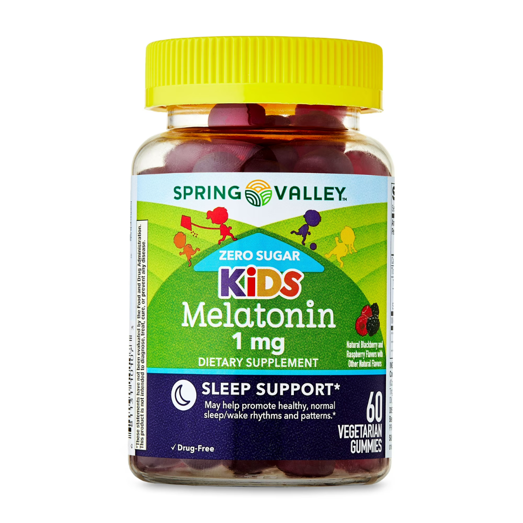 Spring Valley Zero Sugar Kids Melatonin dietary supplement gummies bottle, 1 mg, 60 count, with sleep support.