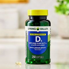 Spring Valley Extra Strength Vitamin D3 Softgels, 125 mcg (5000 IU), 250 Count, Supplement for Bone and Immune Health