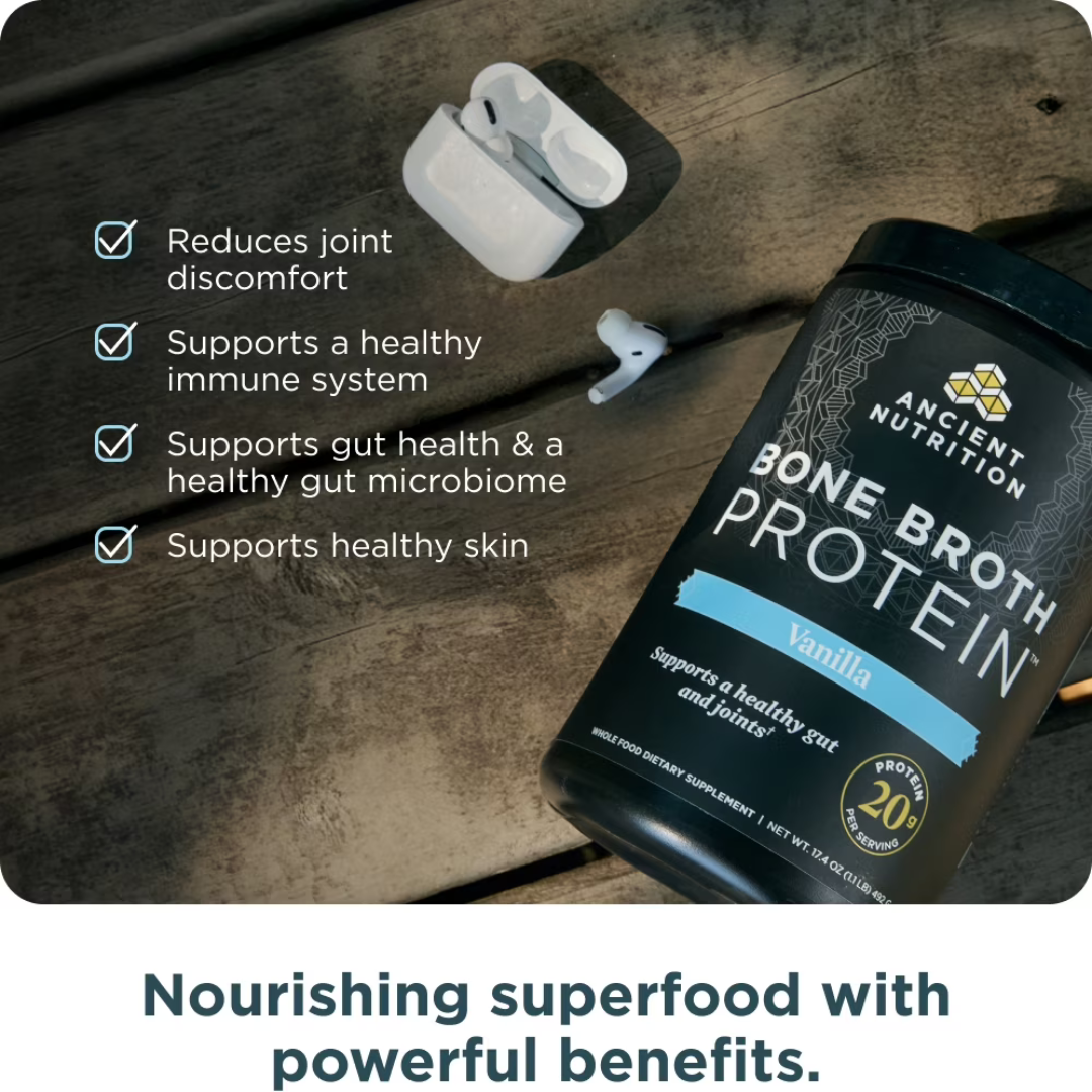 Ancient Nutrition Bone Broth Protein Powder supports joint health, immune system, gut microbiome, and healthy skin.