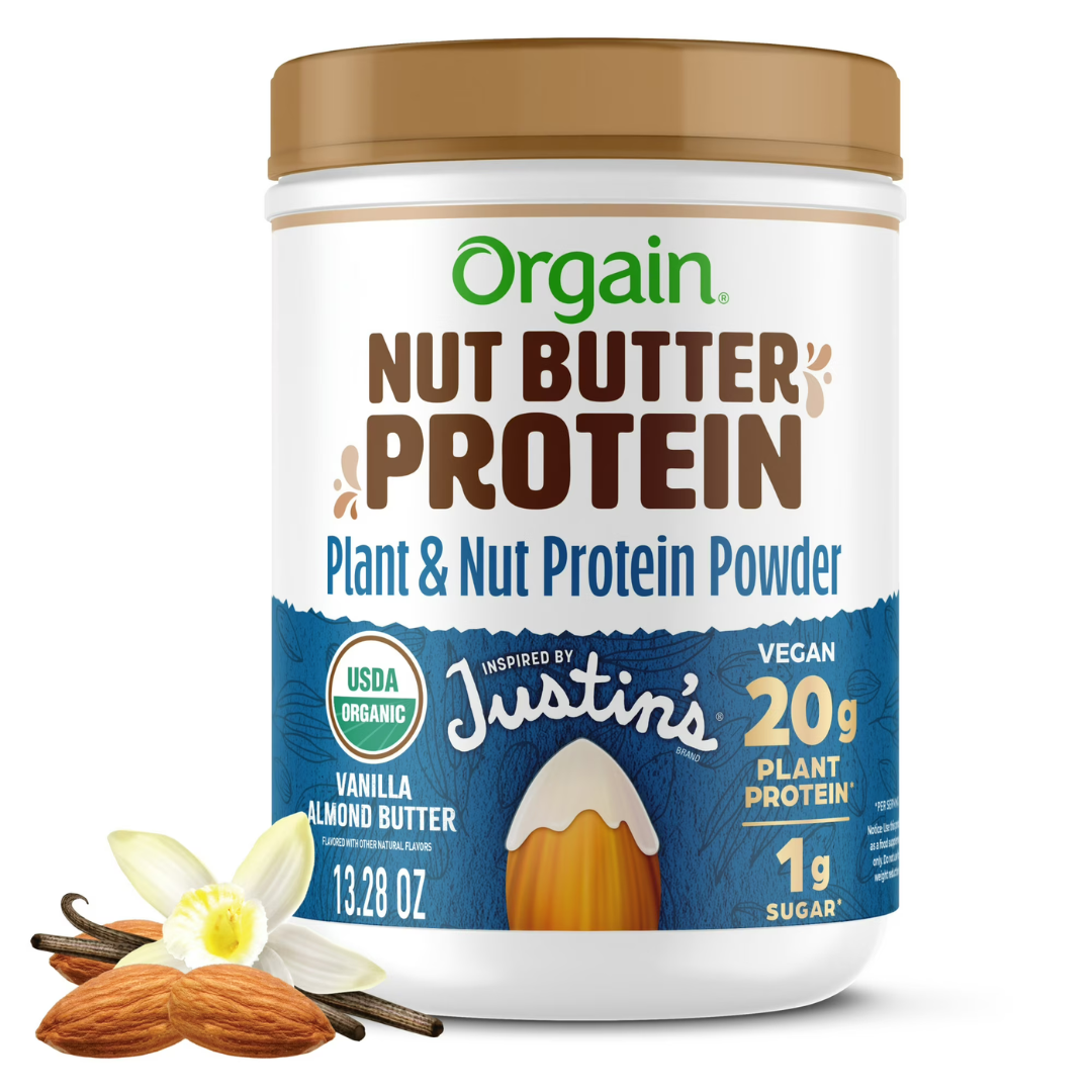 Orgain X JUSTIN’S® Organic Plant & Nut Butter 20g Vegan Protein Powder, Vanilla Almond Butter 13.28oz