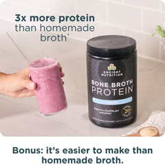 Ancient Nutrition Bone Broth Protein Powder Vanilla with smoothie, featuring 20g protein and keto-friendly benefits.