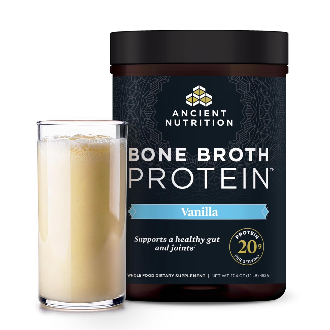 Ancient Nutrition Bone Broth Protein Powder in Vanilla flavor with a glass of protein shake, supports gut health and joints.