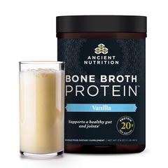 Ancient Nutrition Bone Broth Protein Powder in Vanilla flavor with a glass of protein shake, supports gut health and joints.