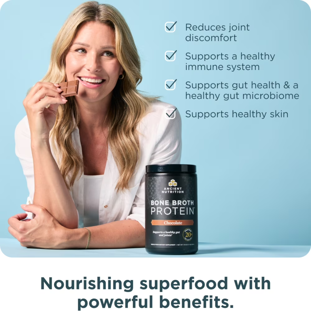 Ancient Nutrition Grass Fed, Cage Free, Bone Broth Protein Powder, 20g Protein, Hydrolyzed Collagen Peptides, Keto & Paleo Friendly, Supports Joint, Gut Health, Chocolate, 20 Servings