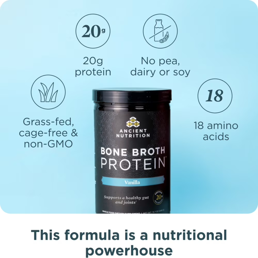 Ancient Nutrition Bone Broth Protein Powder in Vanilla flavor, 20g protein, supports gut and joint health.