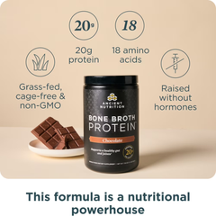 Ancient Nutrition Grass Fed, Cage Free, Bone Broth Protein Powder, 20g Protein, Hydrolyzed Collagen Peptides, Keto & Paleo Friendly, Supports Joint, Gut Health, Chocolate, 20 Servings
