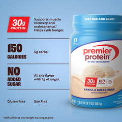 Premier Protein 100% Whey Protein Powder, Vanilla Milkshake, 30g Protein, 23.3 oz, 1.7 lb